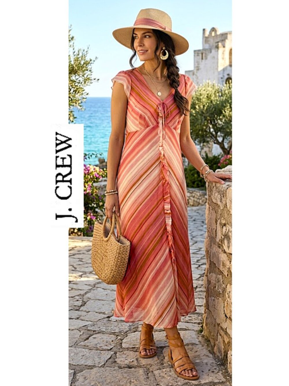 (3 for $30) J.CREW - Boho 100% cotton pink/peach striped dress